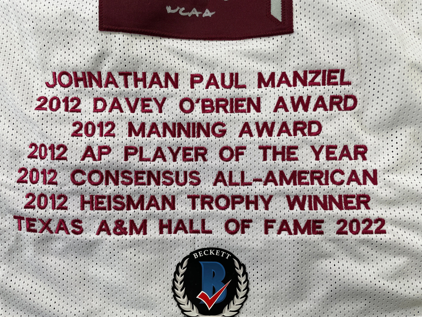 JOHNNY MANZIEL WHITE TEXAS A&M SIGNED STAT JERSEY w/" NCAA" BAS