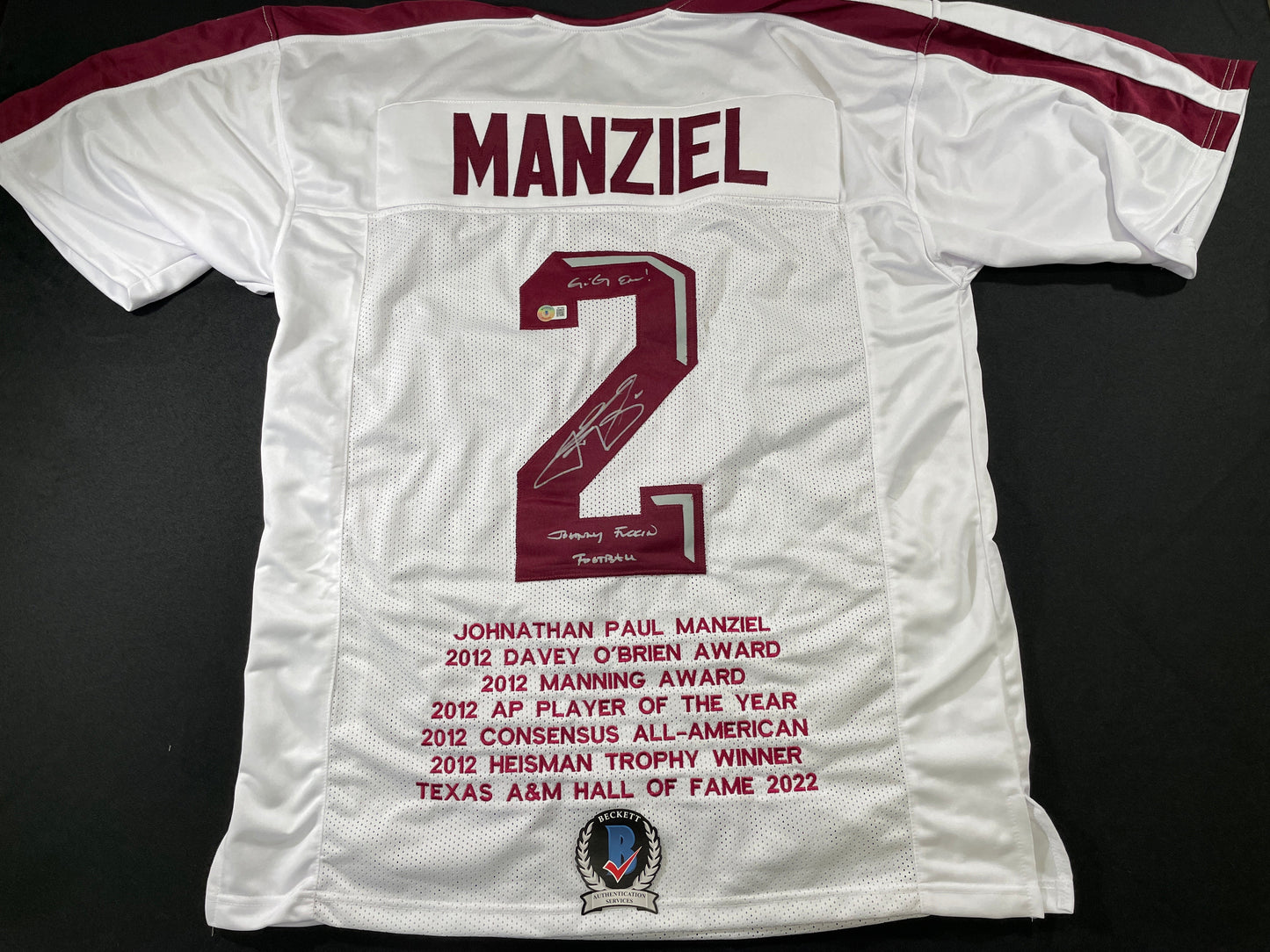 JOHNNY MANZIEL WHITE TEXAS A&M SIGNED STAT JERSEY w/"Johnny Fuckin Football" BAS