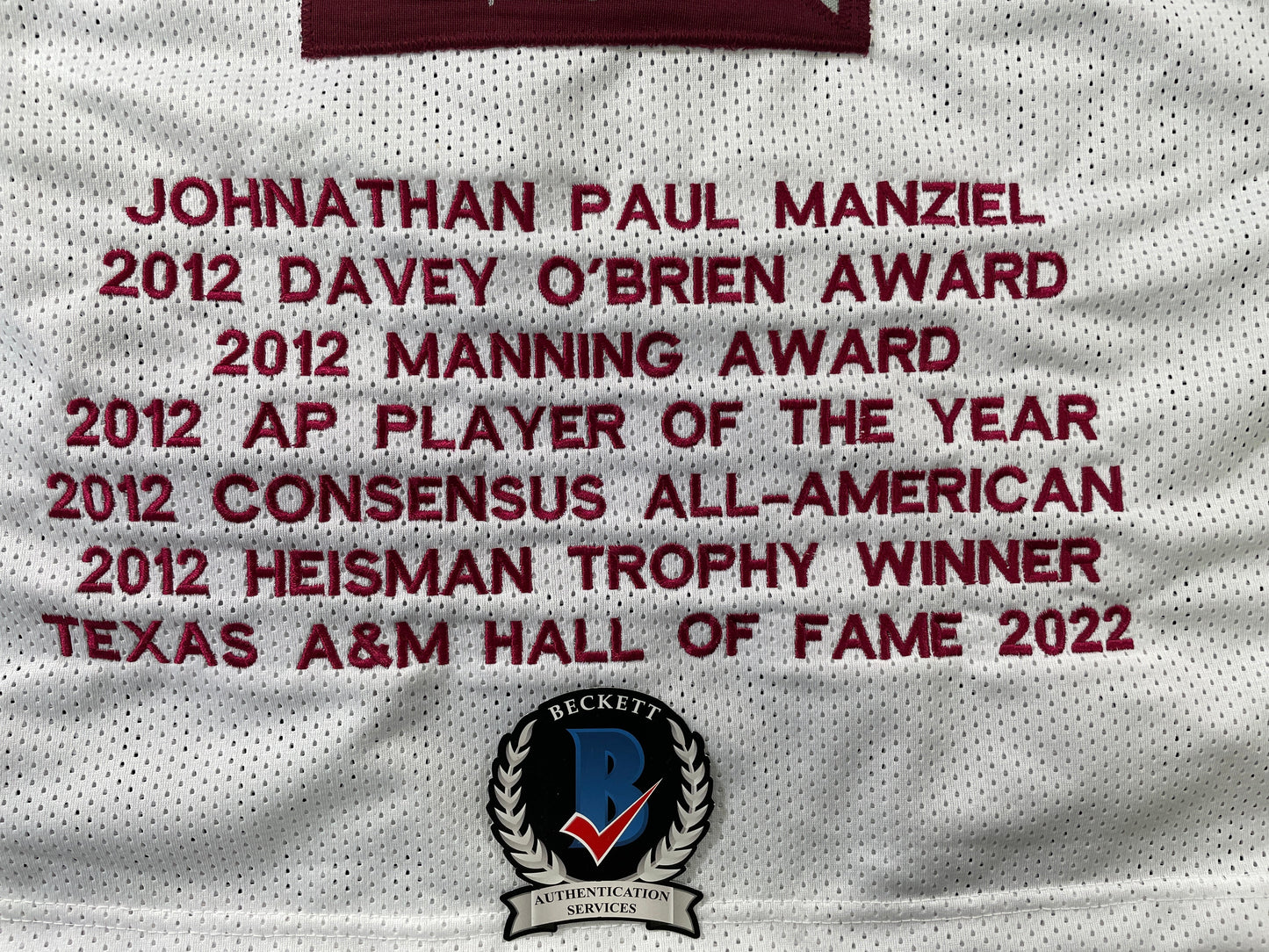 JOHNNY MANZIEL WHITE TEXAS A&M SIGNED STAT JERSEY w/"Johnny Fuckin Football" BAS