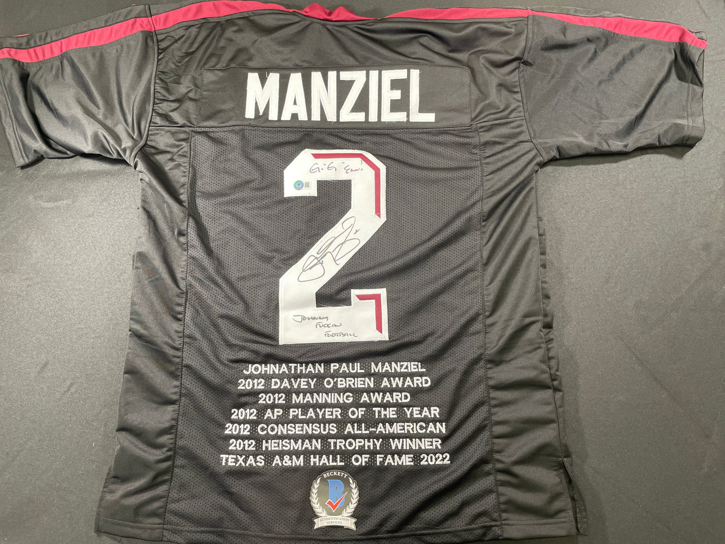 JOHNNY MANZIEL BLACK TEXAS A&M SIGNED STAT JERSEY w/"Johnny Fuckin Football" BAS