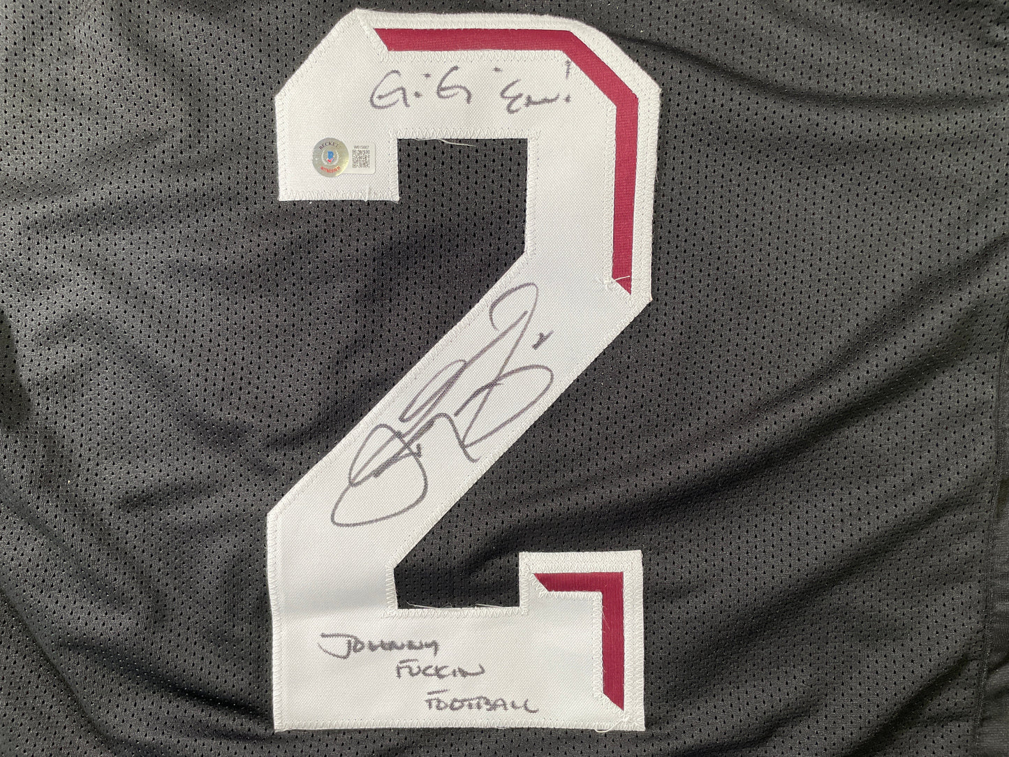 JOHNNY MANZIEL BLACK TEXAS A&M SIGNED STAT JERSEY w/"Johnny Fuckin Football" BAS