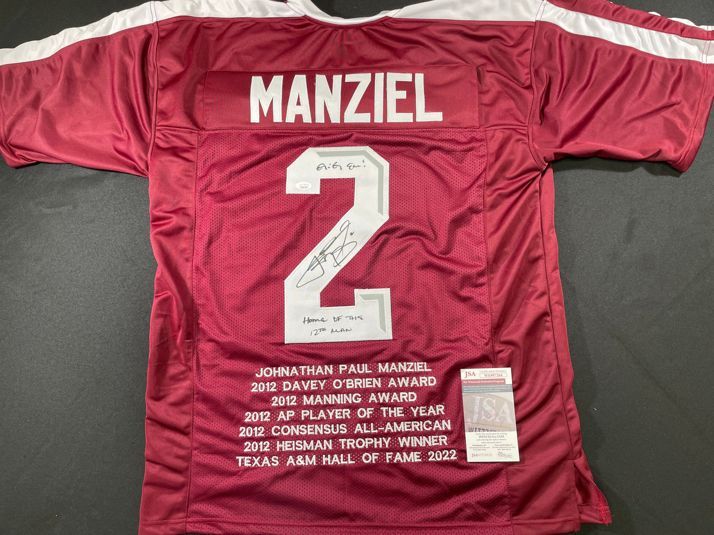 JOHNNY MANZIEL MAROON TEXAS A&M SIGNED STAT JERSEY w/"Home of the 12th Man" JSA