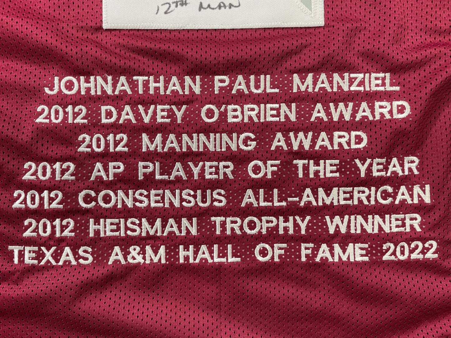 JOHNNY MANZIEL MAROON TEXAS A&M SIGNED STAT JERSEY w/"Home of the 12th Man" JSA