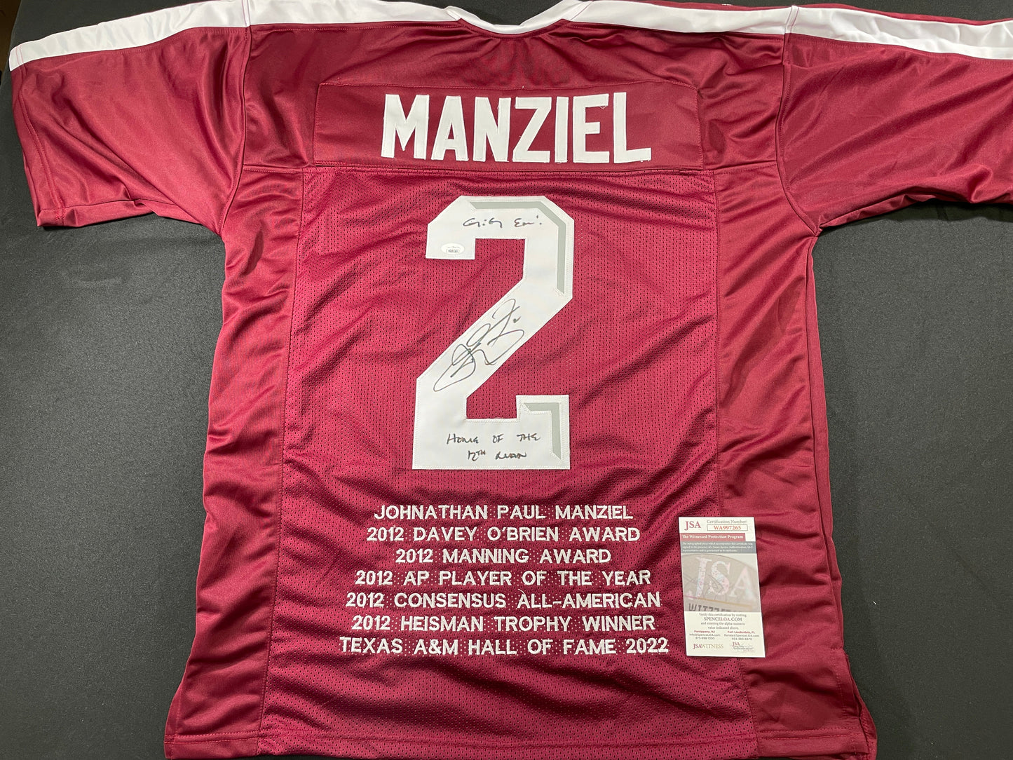 JOHNNY MANZIEL MAROON TEXAS A&M SIGNED STAT JERSEY w/"Home of the 12th Man" JSA