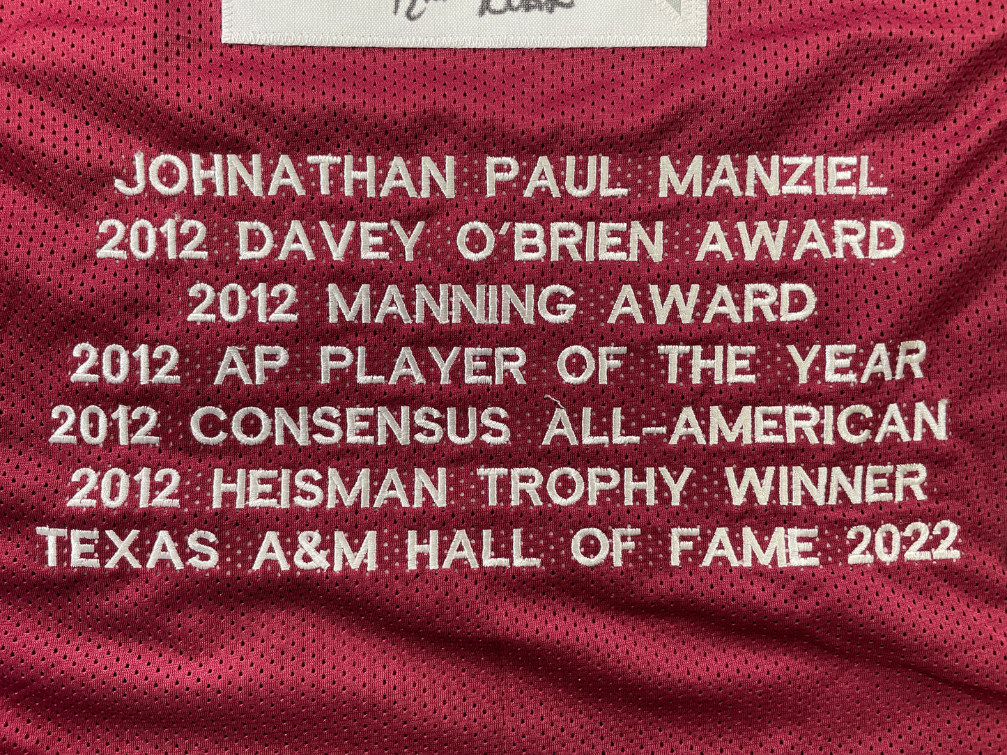 JOHNNY MANZIEL MAROON TEXAS A&M SIGNED STAT JERSEY w/"Home of the 12th Man" JSA