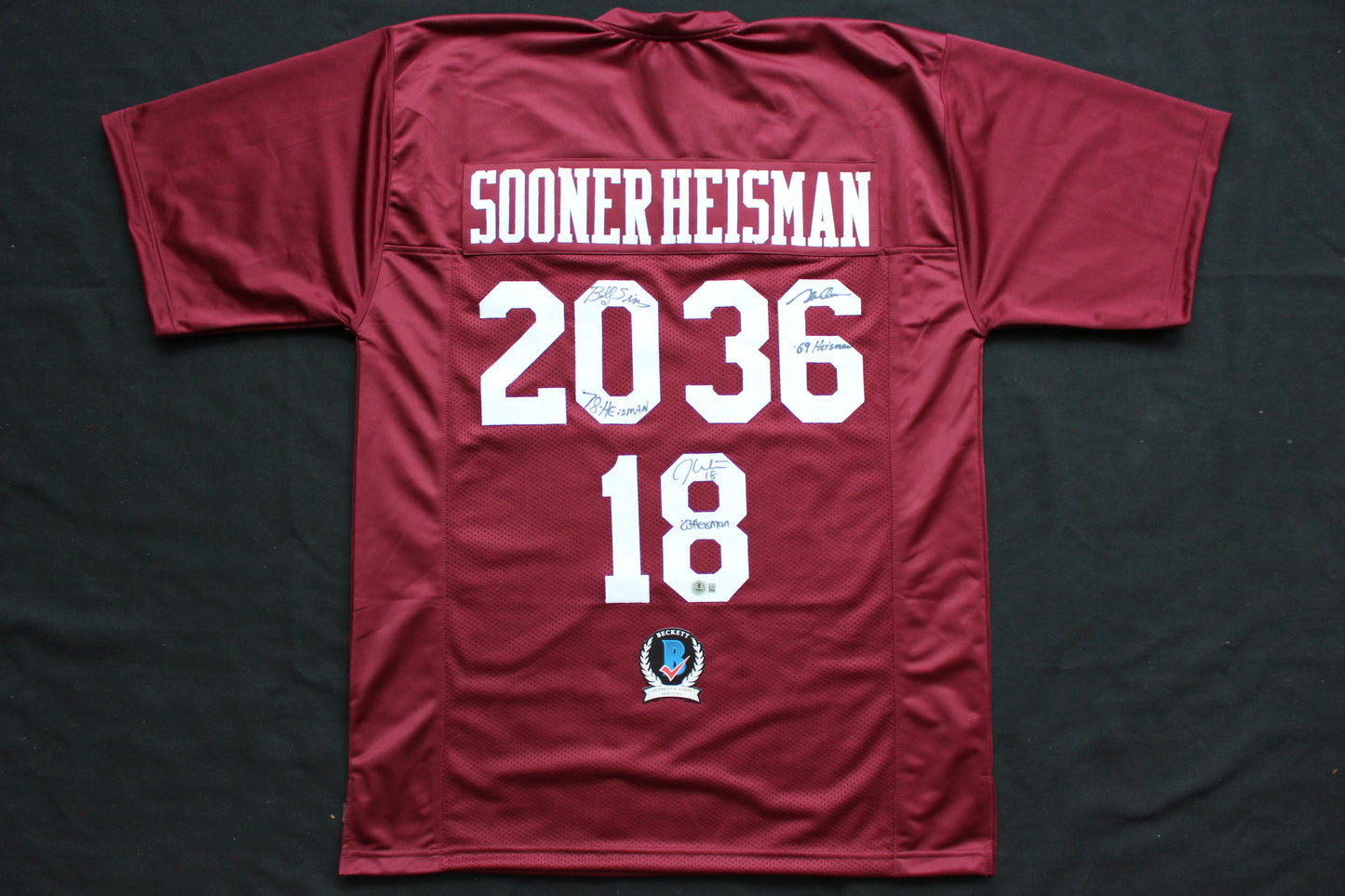 STEVE OWENS BILLY SIMS JASON WHITE SIGNED OU SOONERS HEISMAN JERSEY BAS