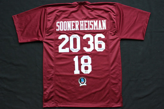 STEVE OWENS BILLY SIMS JASON WHITE SIGNED OU SOONERS HEISMAN JERSEY BAS