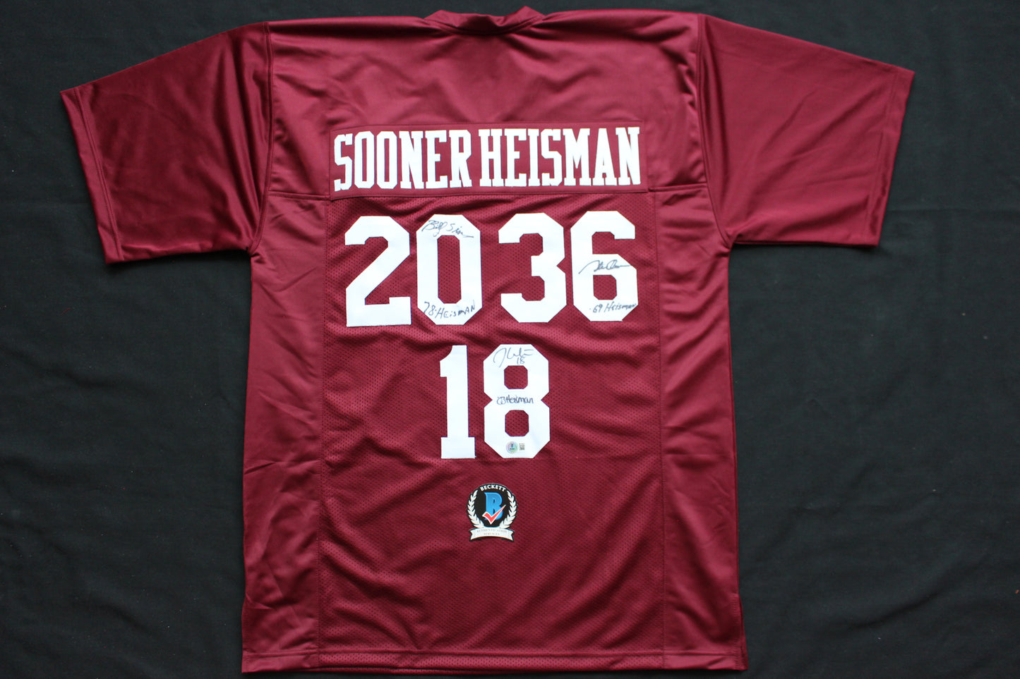 STEVE OWENS BILLY SIMS JASON WHITE SIGNED OU SOONERS HEISMAN JERSEY BAS