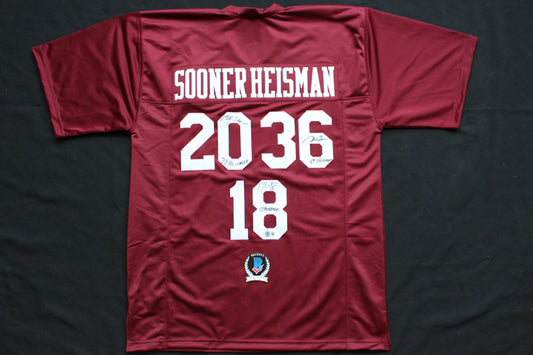 STEVE OWENS BILLY SIMS JASON WHITE SIGNED OU SOONERS HEISMAN JERSEY BAS