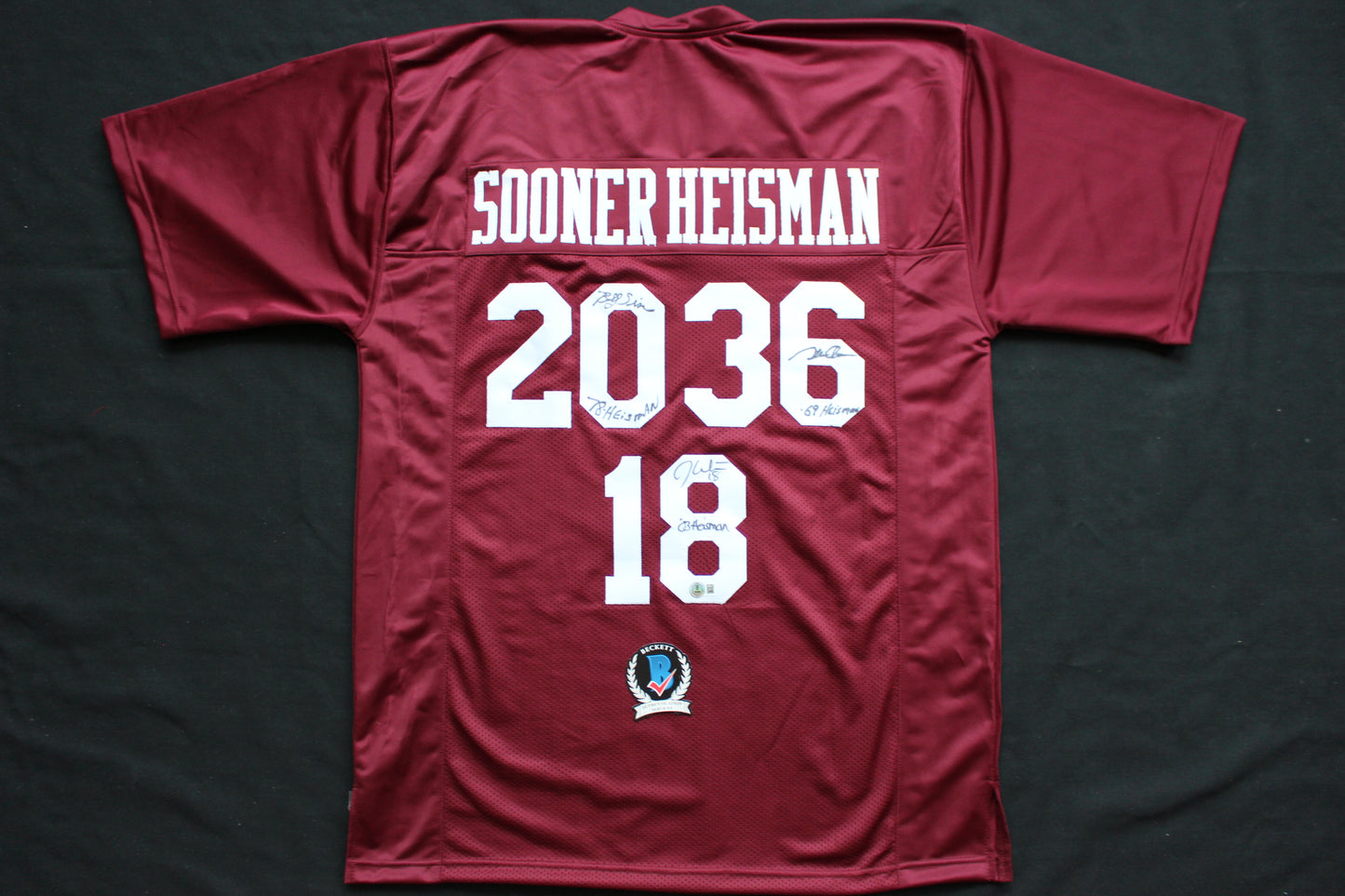 STEVE OWENS BILLY SIMS JASON WHITE SIGNED OU SOONERS HEISMAN JERSEY BAS