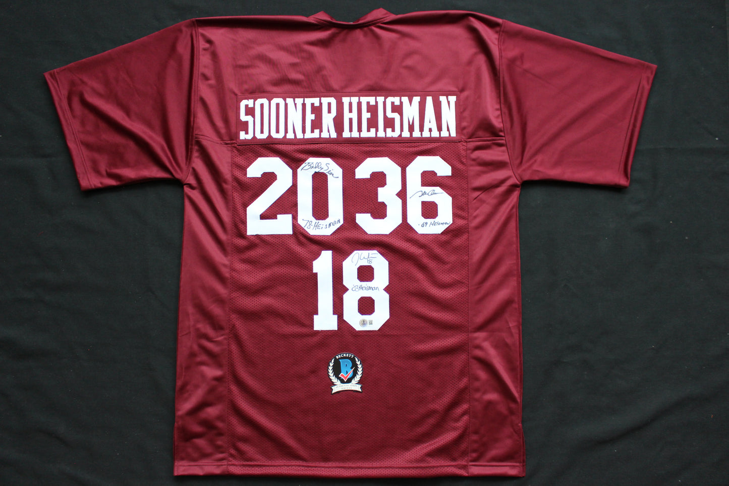 STEVE OWENS BILLY SIMS JASON WHITE SIGNED OU SOONERS HEISMAN JERSEY BAS