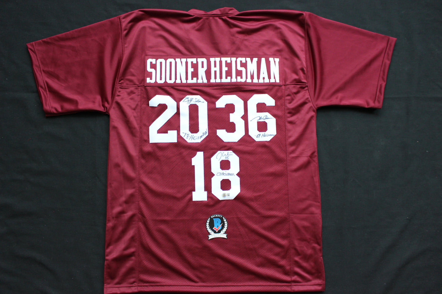 STEVE OWENS BILLY SIMS JASON WHITE SIGNED OU SOONERS HEISMAN JERSEY BAS