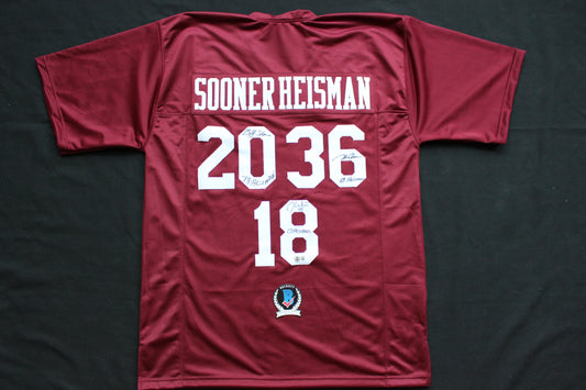 STEVE OWENS BILLY SIMS JASON WHITE SIGNED OU SOONERS HEISMAN JERSEY BAS