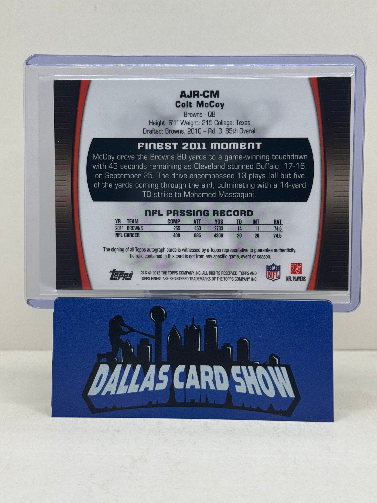 2012 Topps Finest #AJR-CM Colt McCoy Blue Patch Autograph /99 Longhorns
