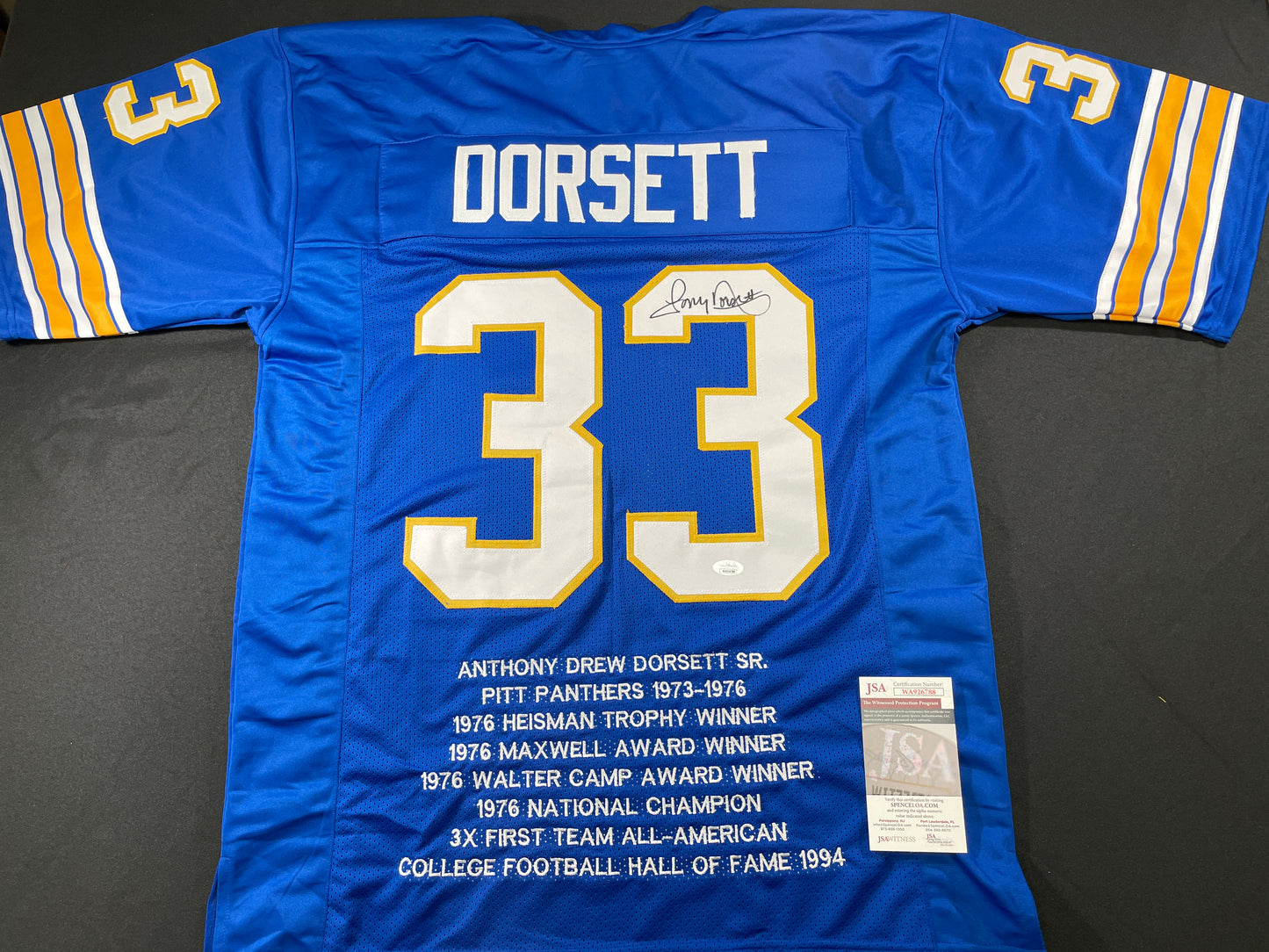 TONY DORSETT PITT PANTHERS SIGNED STAT JERSEY Dallas Cowboys XL JSA COA