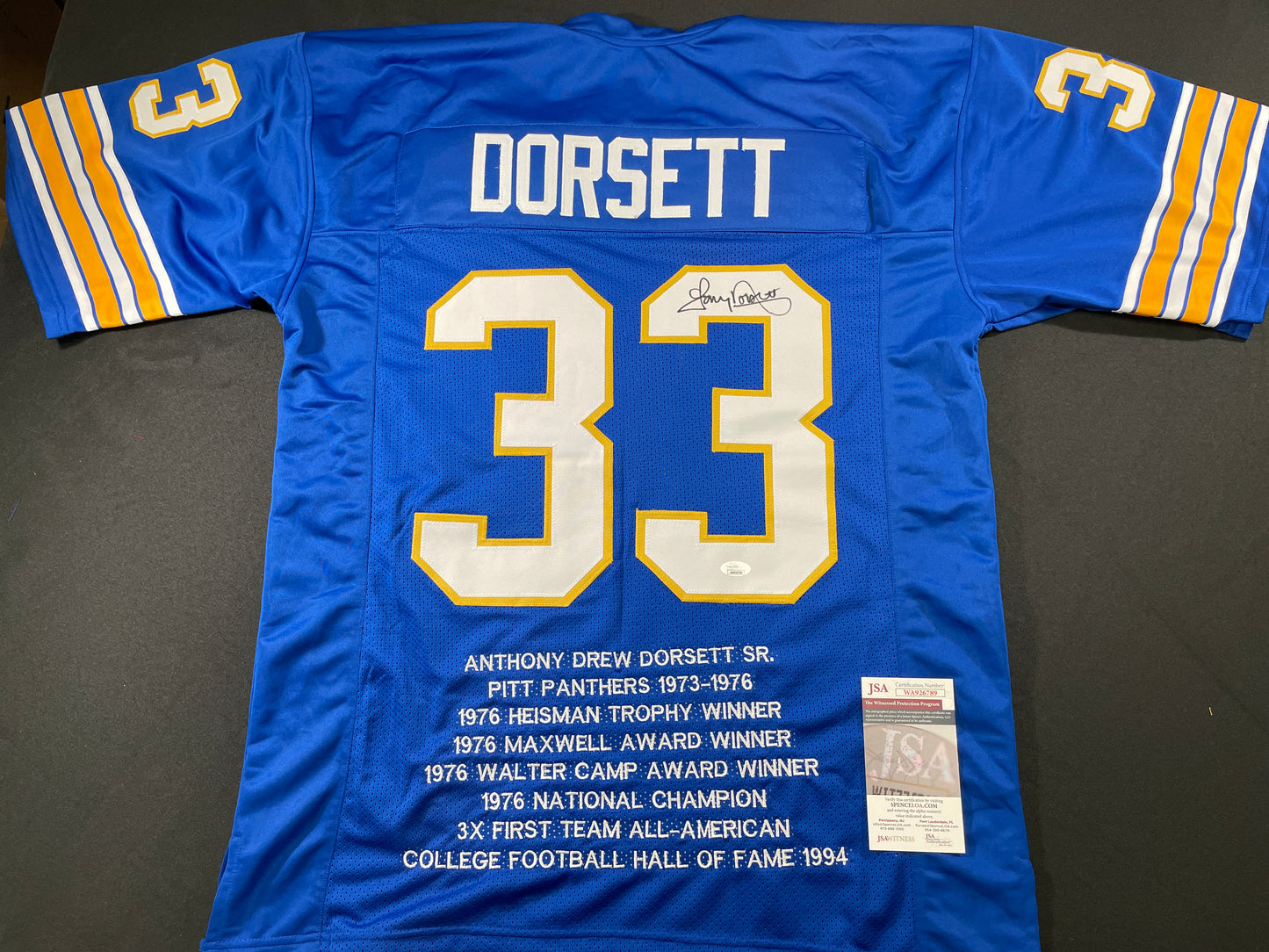 TONY DORSETT PITT PANTHERS SIGNED STAT JERSEY Dallas Cowboys XL JSA COA
