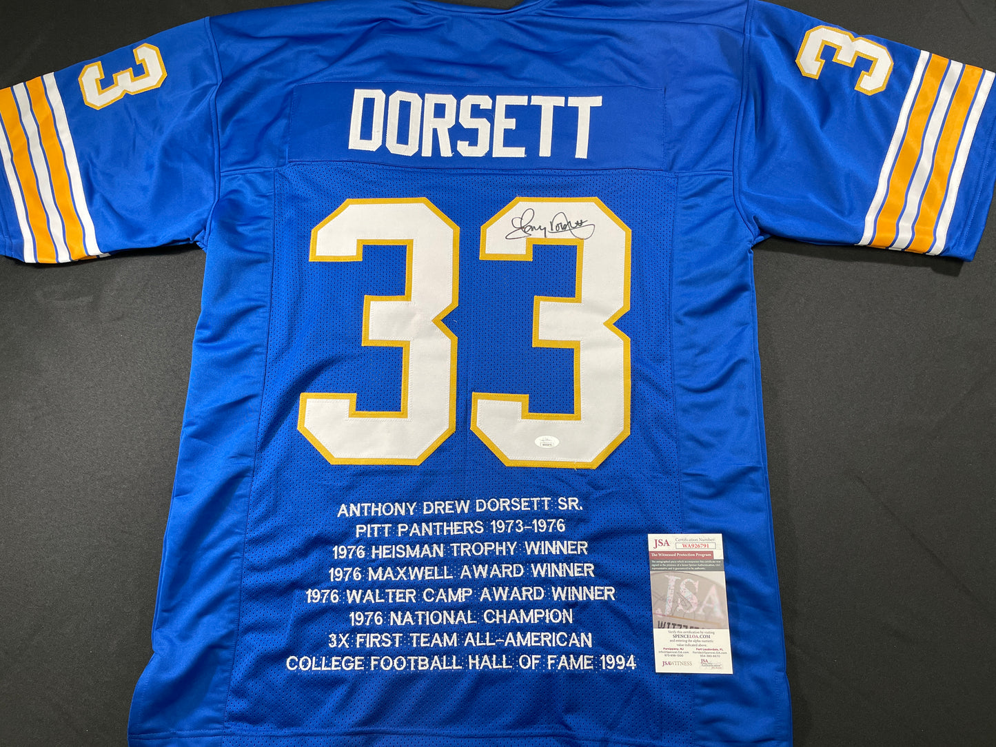 TONY DORSETT PITT PANTHERS SIGNED STAT JERSEY Dallas Cowboys XL JSA COA