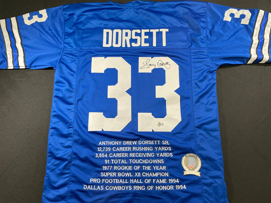 TONY DORSETT DALLAS COWBOYS SIGNED BLUE STAT JERSEY Pitt Panthers BAS COA