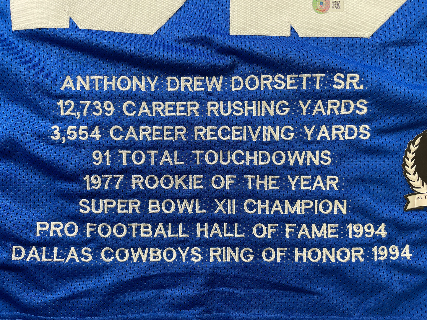 TONY DORSETT DALLAS COWBOYS SIGNED BLUE STAT JERSEY Pitt Panthers BAS COA