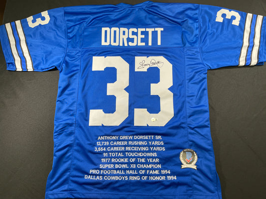 TONY DORSETT DALLAS COWBOYS SIGNED BLUE STAT JERSEY Pitt Panthers BAS COA