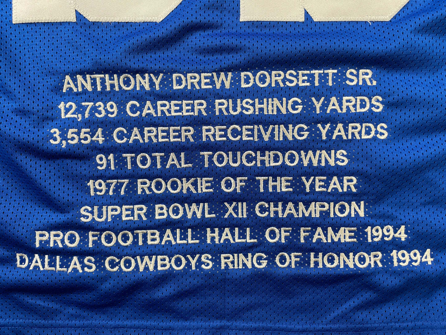 TONY DORSETT DALLAS COWBOYS SIGNED BLUE STAT JERSEY Pitt Panthers BAS COA