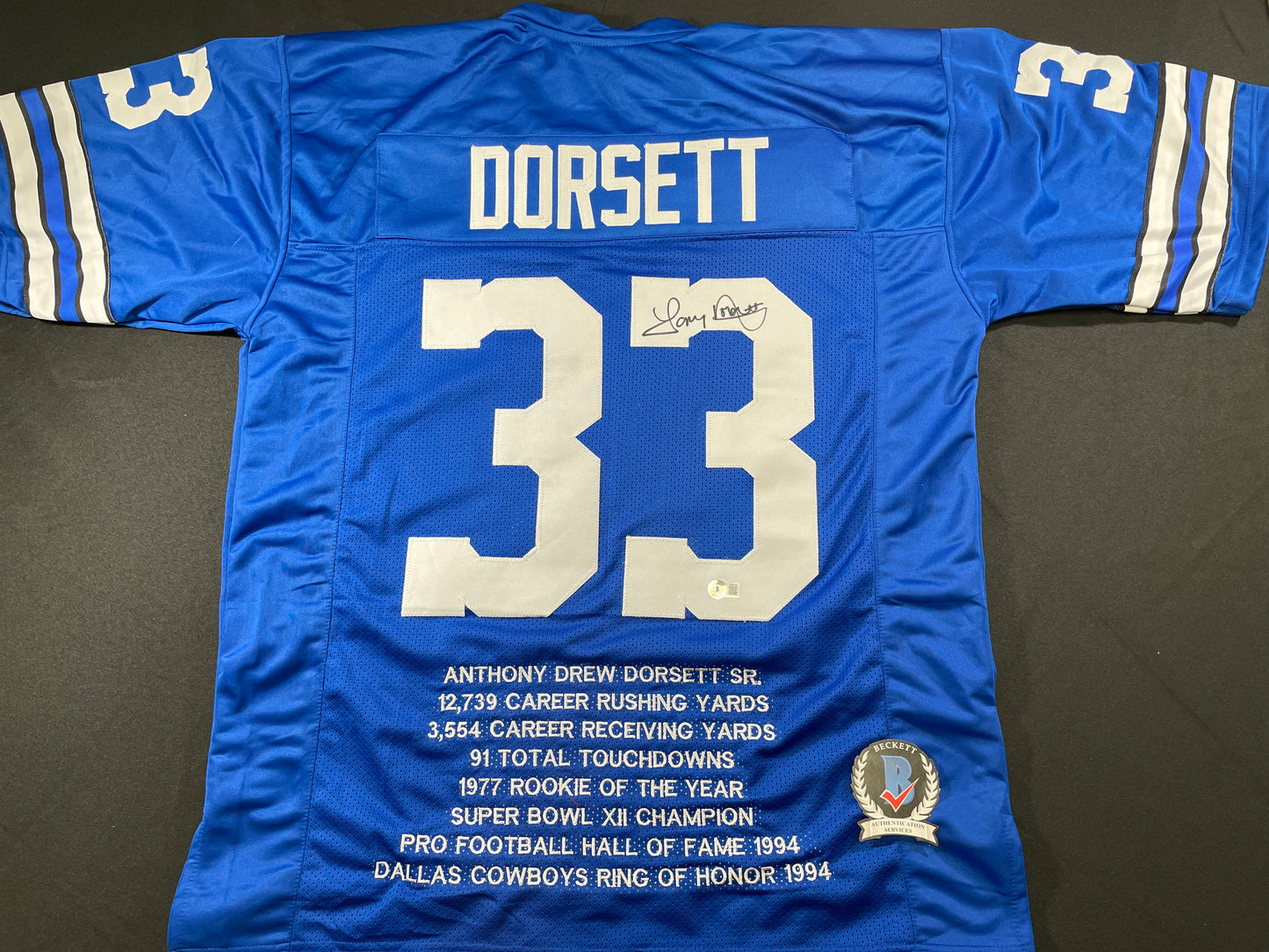 TONY DORSETT DALLAS COWBOYS SIGNED BLUE STAT JERSEY Pitt Panthers BAS COA