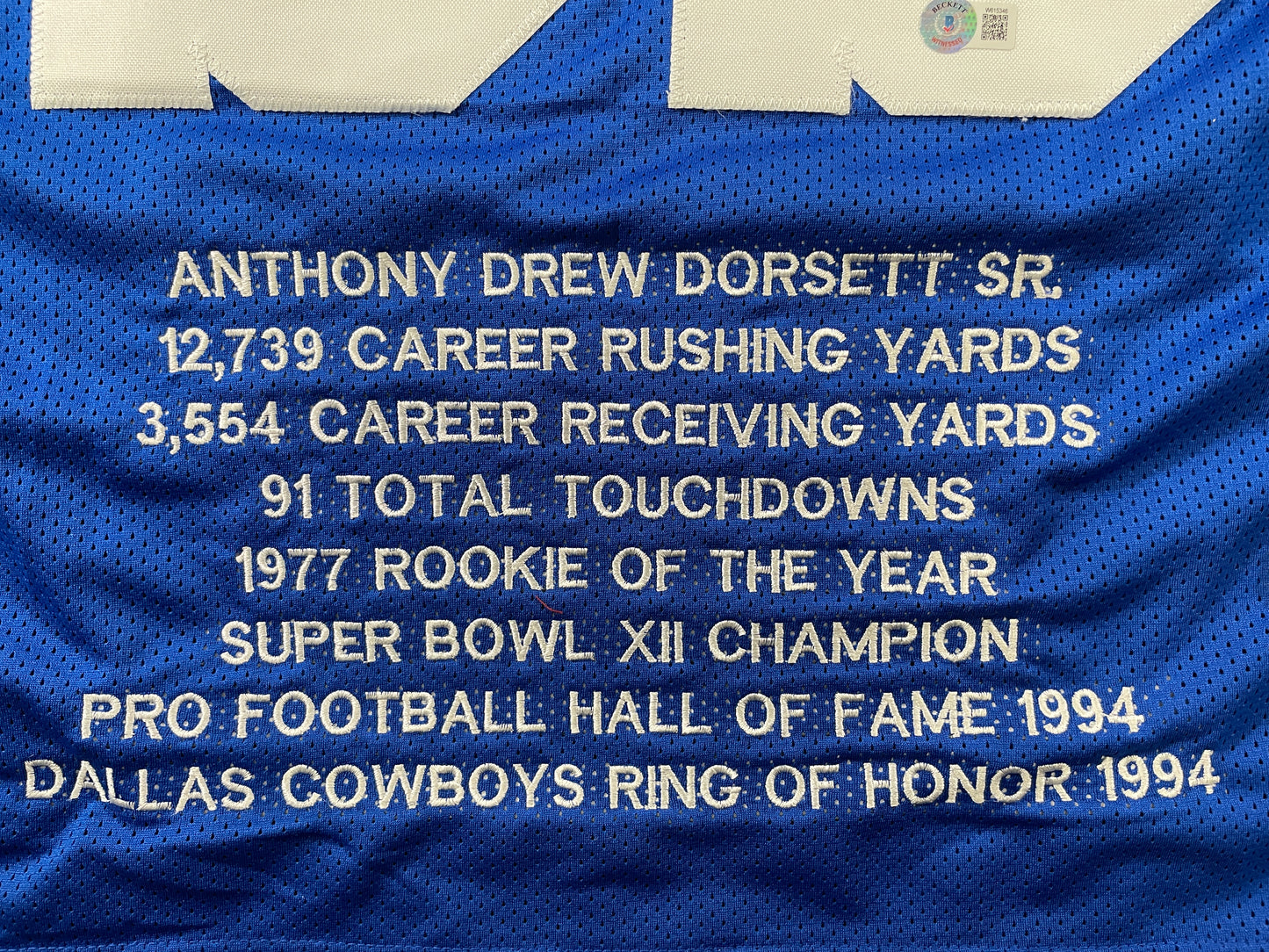 TONY DORSETT DALLAS COWBOYS SIGNED BLUE STAT JERSEY Pitt Panthers BAS COA