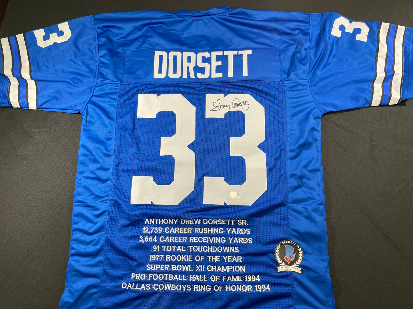 TONY DORSETT DALLAS COWBOYS SIGNED BLUE STAT JERSEY Pitt Panthers BAS COA
