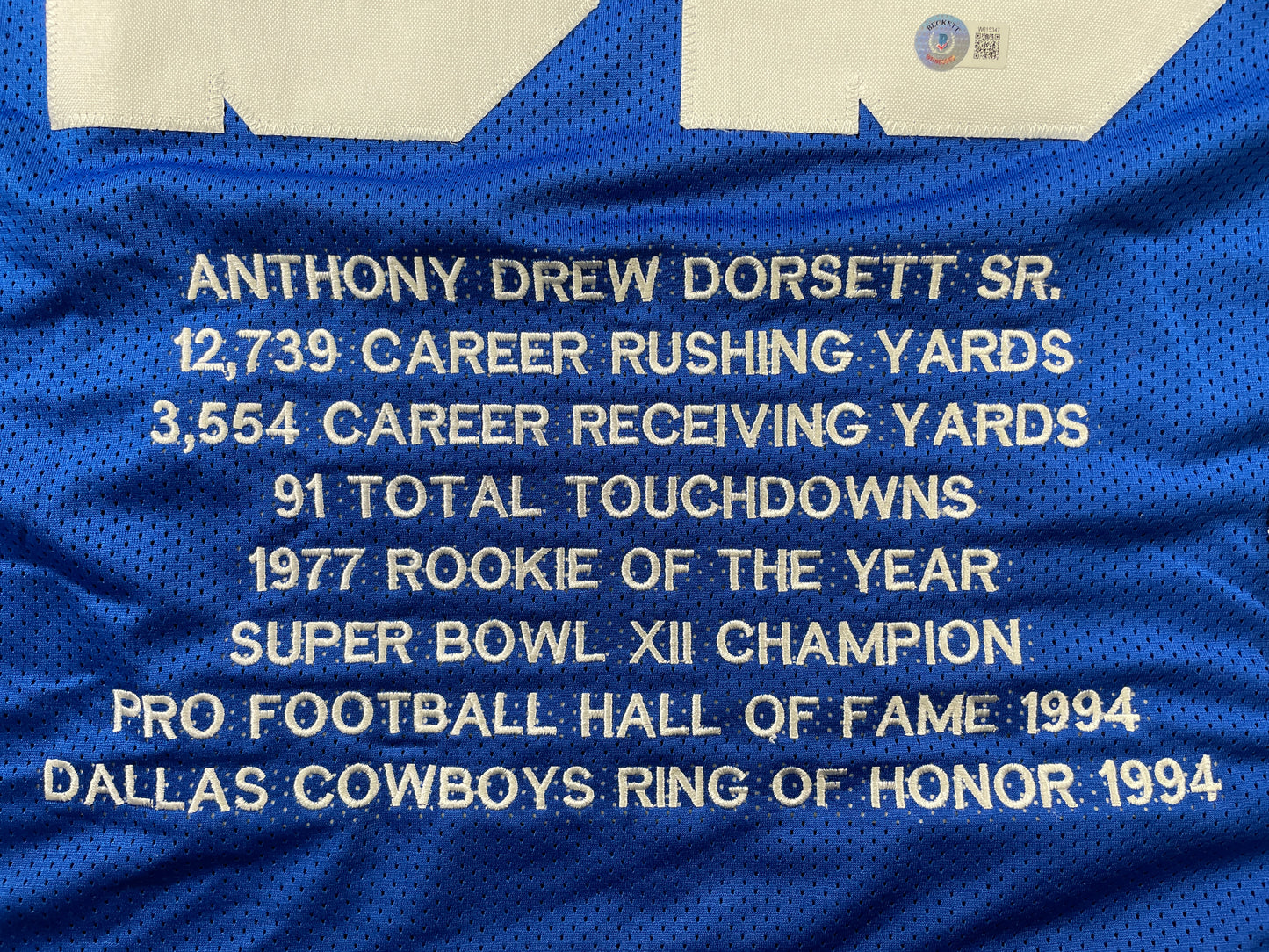 TONY DORSETT DALLAS COWBOYS SIGNED BLUE STAT JERSEY Pitt Panthers BAS COA