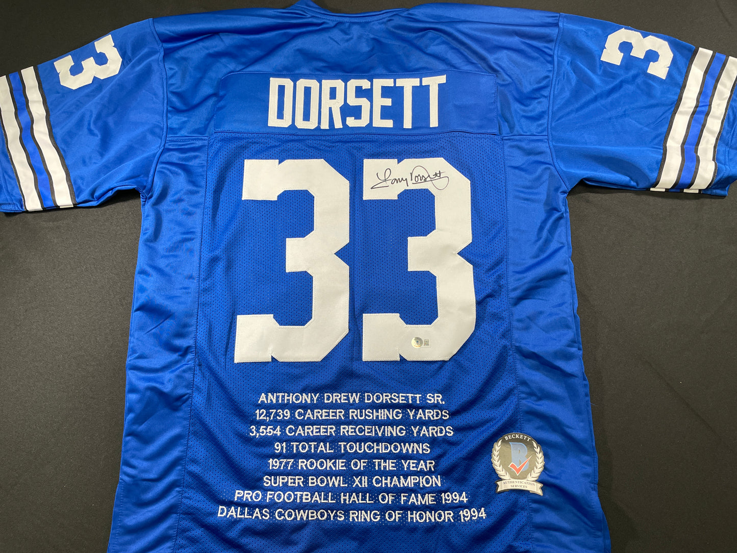 TONY DORSETT DALLAS COWBOYS SIGNED BLUE STAT JERSEY Pitt Panthers BAS COA