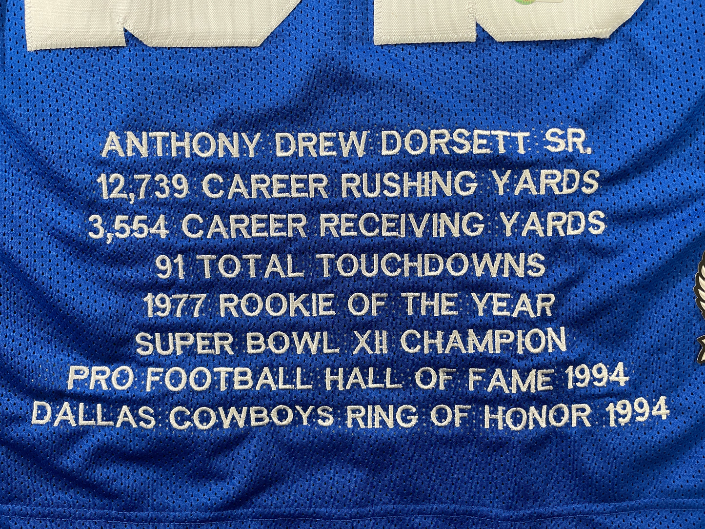 TONY DORSETT DALLAS COWBOYS SIGNED BLUE STAT JERSEY Pitt Panthers BAS COA