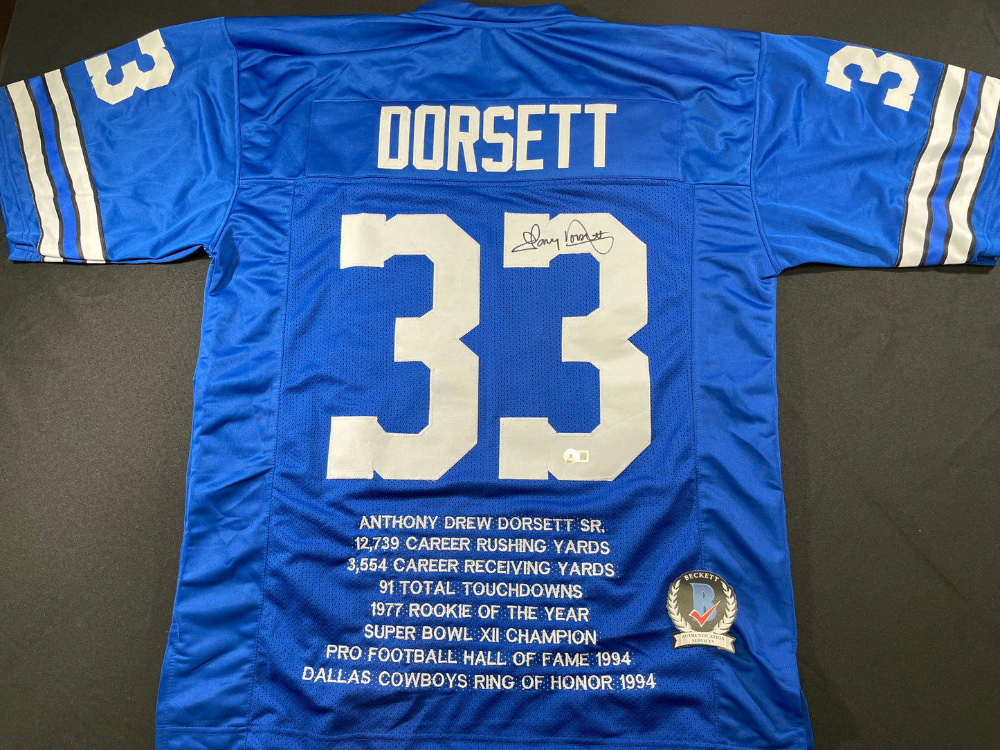 TONY DORSETT DALLAS COWBOYS SIGNED BLUE STAT JERSEY Pitt Panthers BAS COA