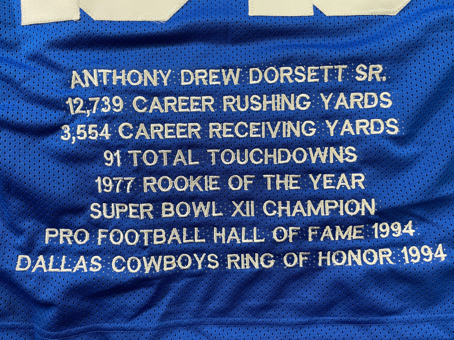 TONY DORSETT DALLAS COWBOYS SIGNED BLUE STAT JERSEY Pitt Panthers BAS COA