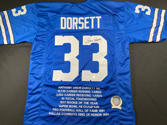 TONY DORSETT DALLAS COWBOYS SIGNED BLUE STAT JERSEY Pitt Panthers BAS COA