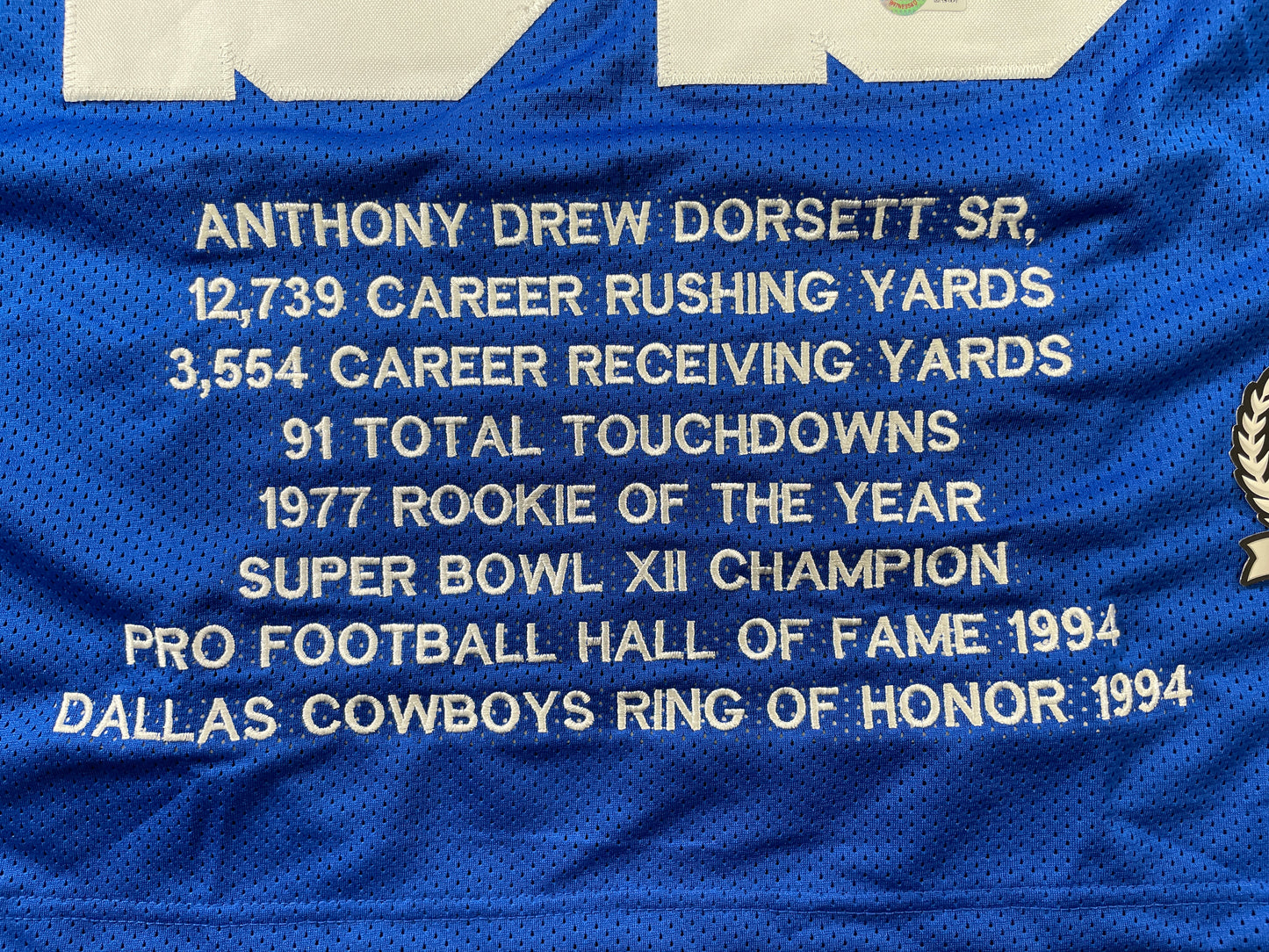TONY DORSETT DALLAS COWBOYS SIGNED BLUE STAT JERSEY Pitt Panthers BAS COA
