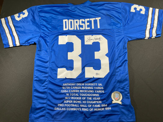 TONY DORSETT DALLAS COWBOYS SIGNED BLUE STAT JERSEY Pitt Panthers BAS COA