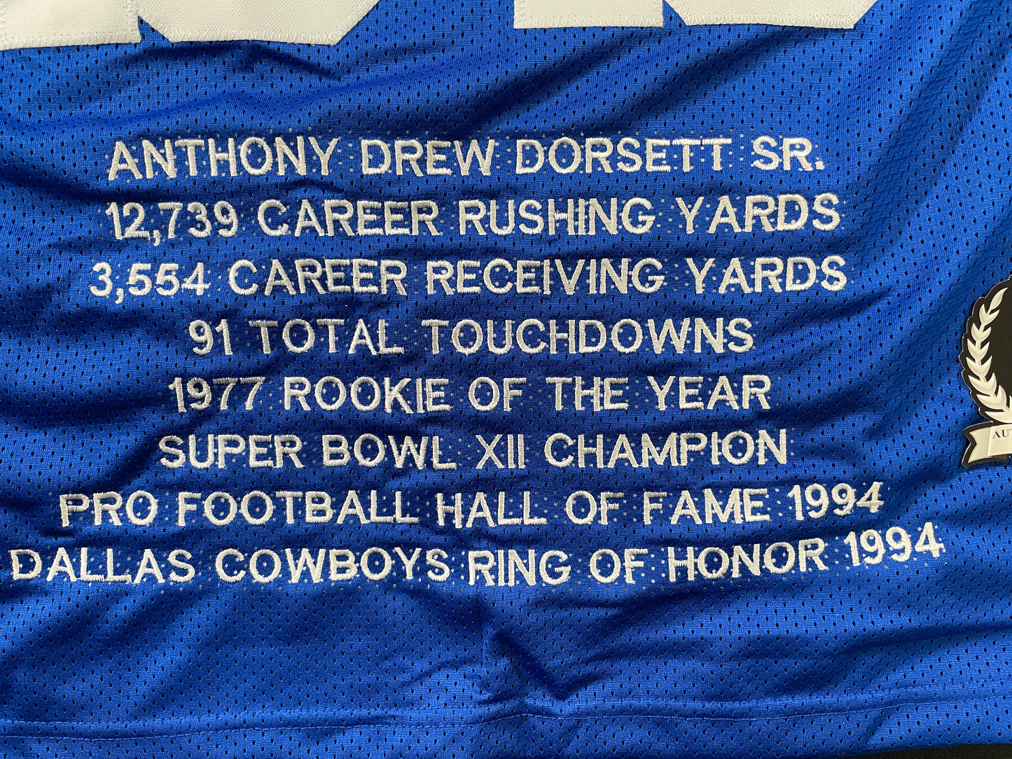 TONY DORSETT DALLAS COWBOYS SIGNED BLUE STAT JERSEY Pitt Panthers BAS COA