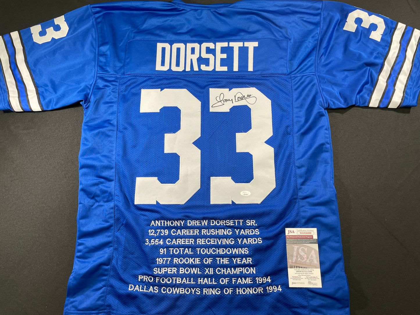 TONY DORSETT DALLAS COWBOYS SIGNED ROAD STAT JERSEY Pitt Panthers JSA