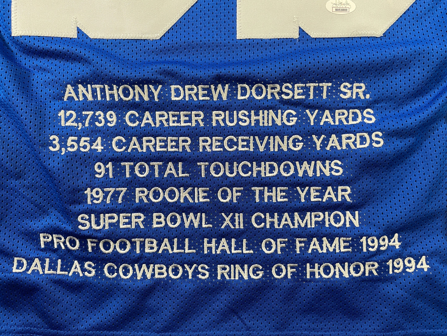 TONY DORSETT DALLAS COWBOYS SIGNED ROAD STAT JERSEY Pitt Panthers JSA