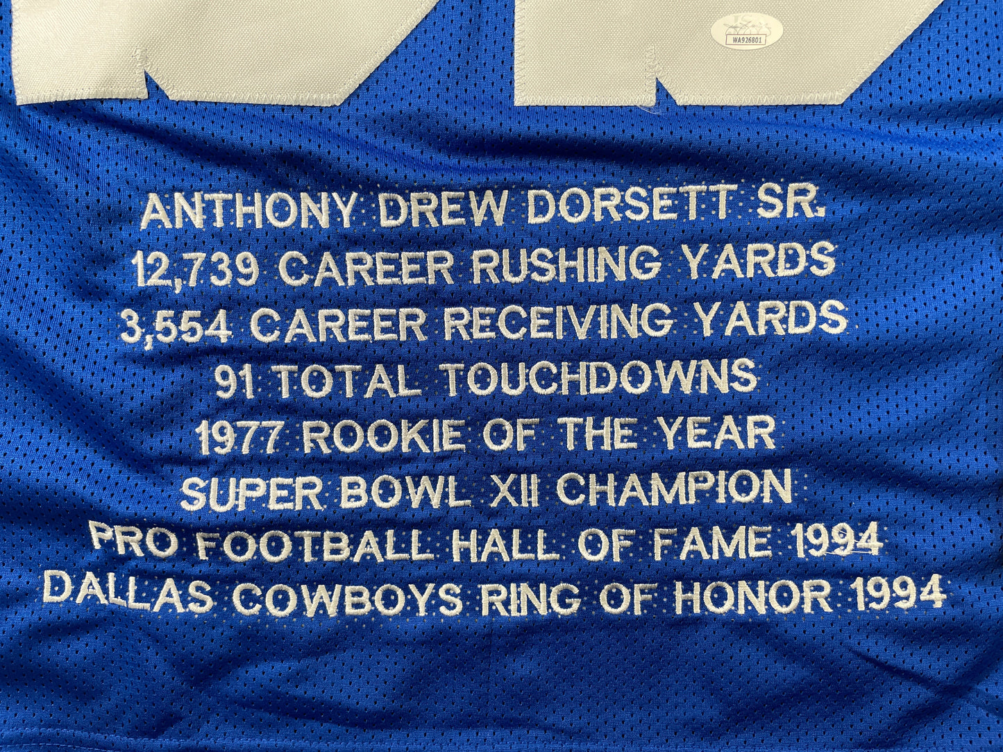 TONY DORSETT DALLAS COWBOYS SIGNED ROAD STAT JERSEY Pitt Panthers JSA
