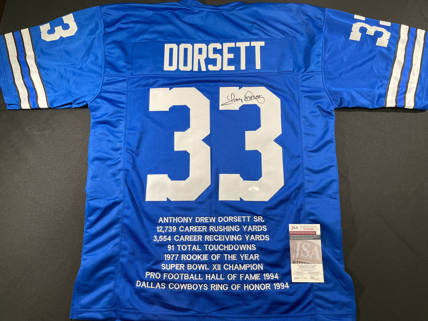 TONY DORSETT DALLAS COWBOYS SIGNED ROAD STAT JERSEY Pitt Panthers JSA