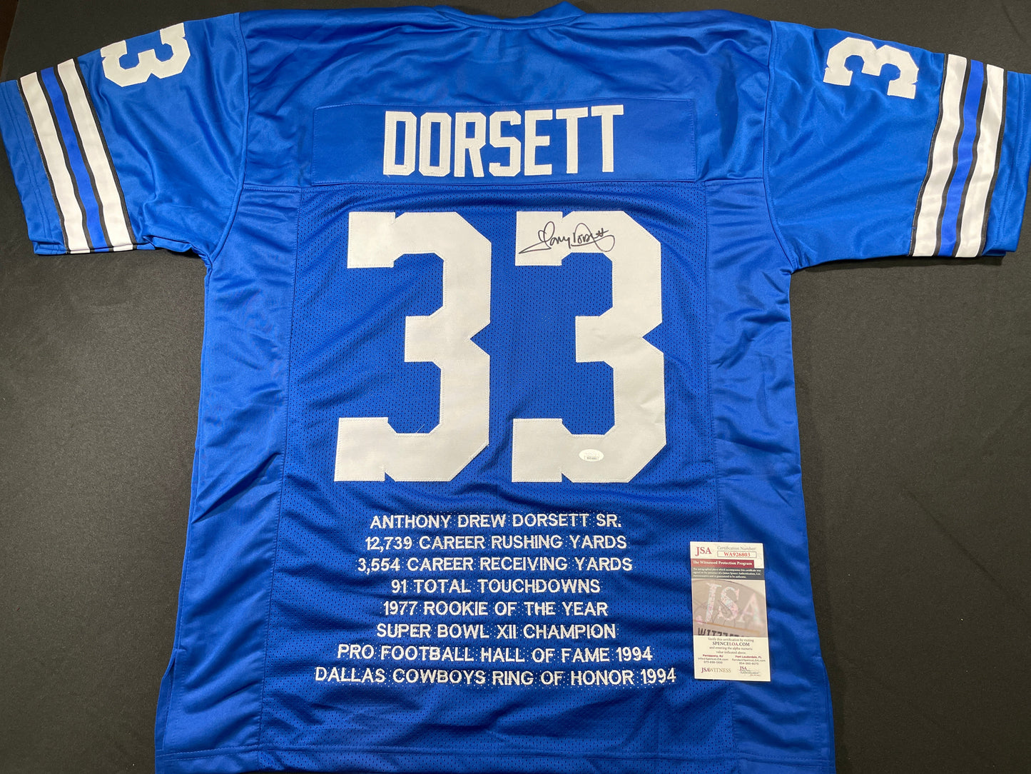 TONY DORSETT DALLAS COWBOYS SIGNED ROAD STAT JERSEY Pitt Panthers JSA