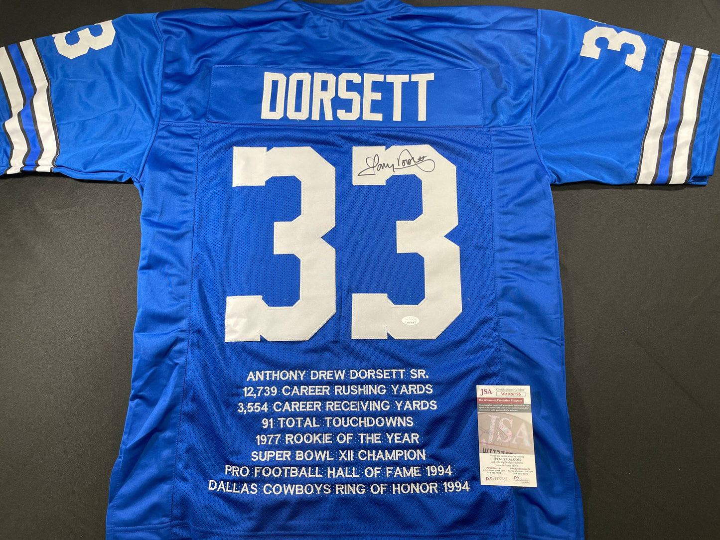 TONY DORSETT DALLAS COWBOYS SIGNED ROAD STAT JERSEY Pitt Panthers JSA