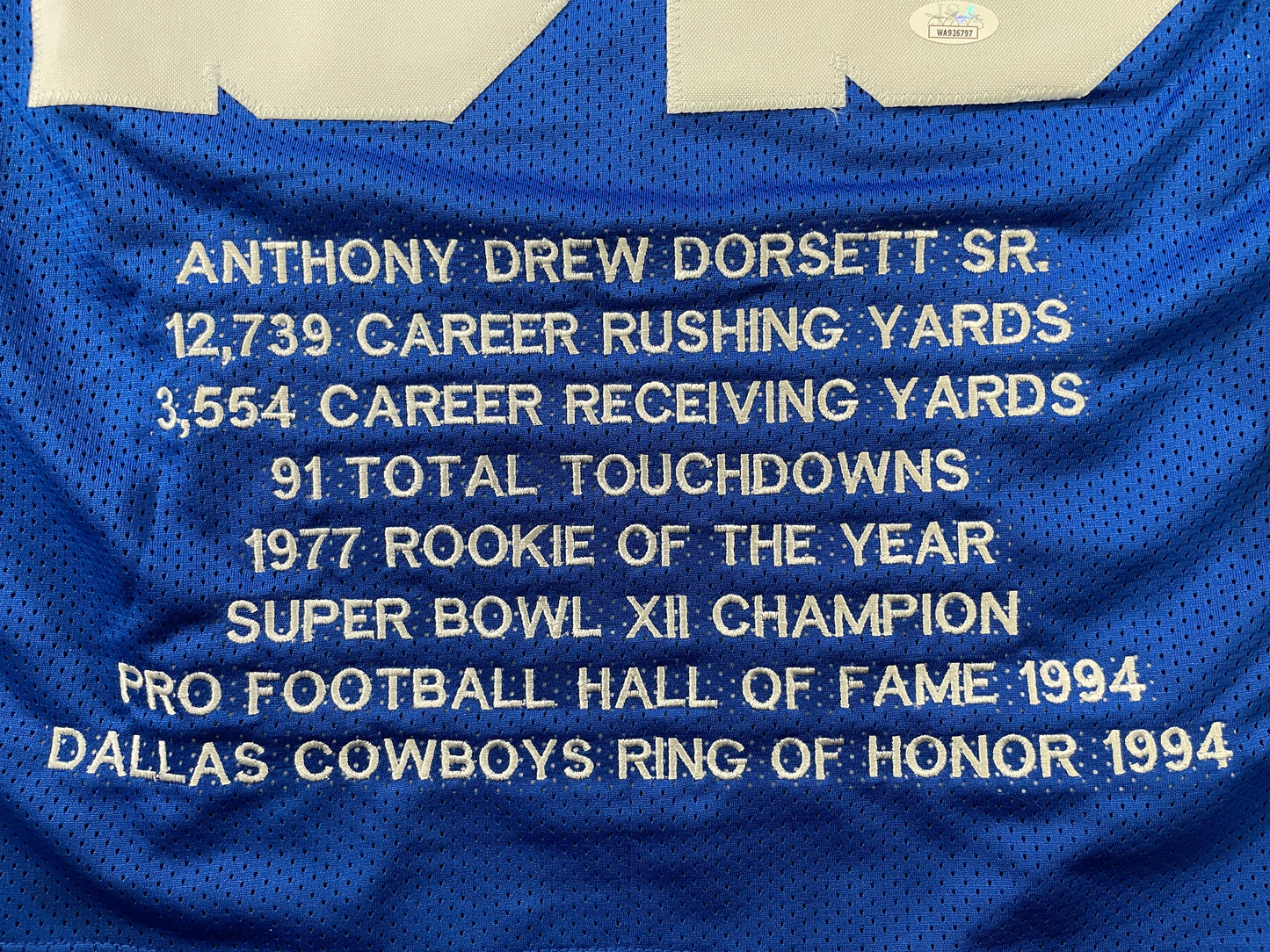 TONY DORSETT DALLAS COWBOYS SIGNED ROAD STAT JERSEY Pitt Panthers JSA