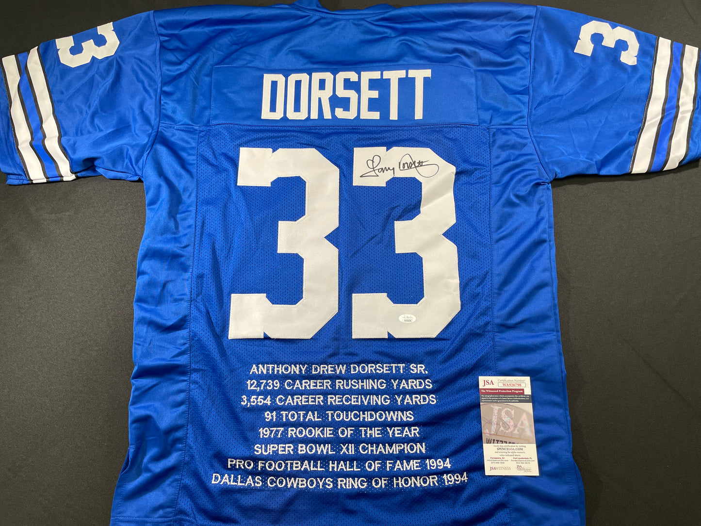 TONY DORSETT DALLAS COWBOYS SIGNED ROAD STAT JERSEY Pitt Panthers JSA
