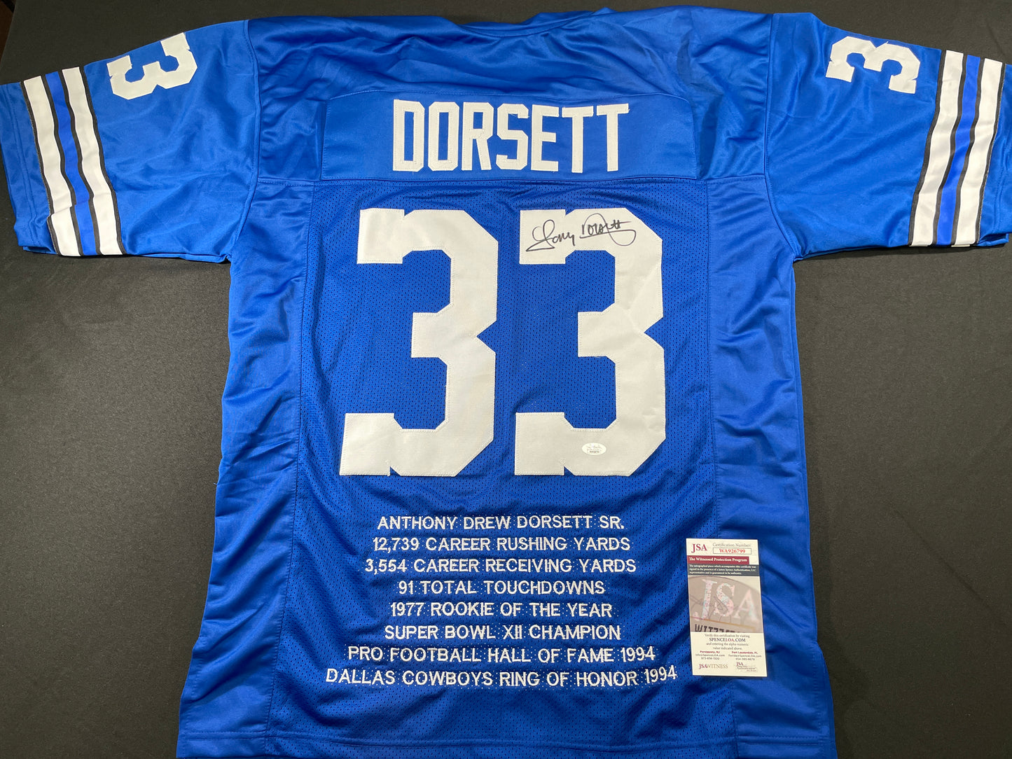 TONY DORSETT DALLAS COWBOYS SIGNED ROAD STAT JERSEY Pitt Panthers JSA