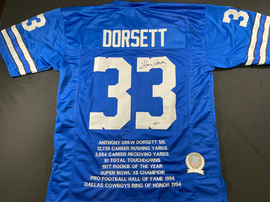 TONY DORSETT DALLAS COWBOYS SIGNED BLUE STAT JERSEY Pitt Panthers BAS COA
