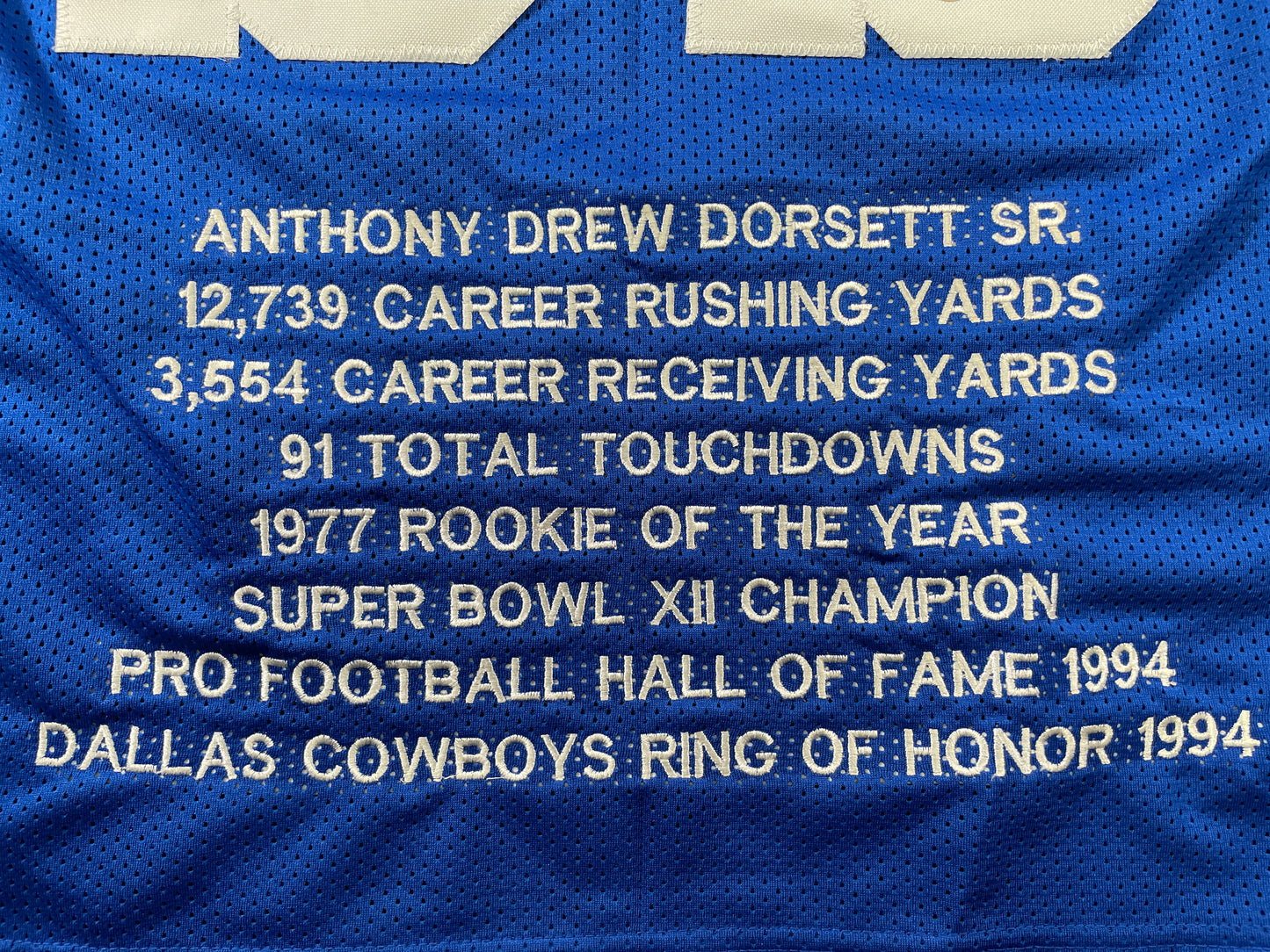 TONY DORSETT DALLAS COWBOYS SIGNED BLUE STAT JERSEY Pitt Panthers BAS COA