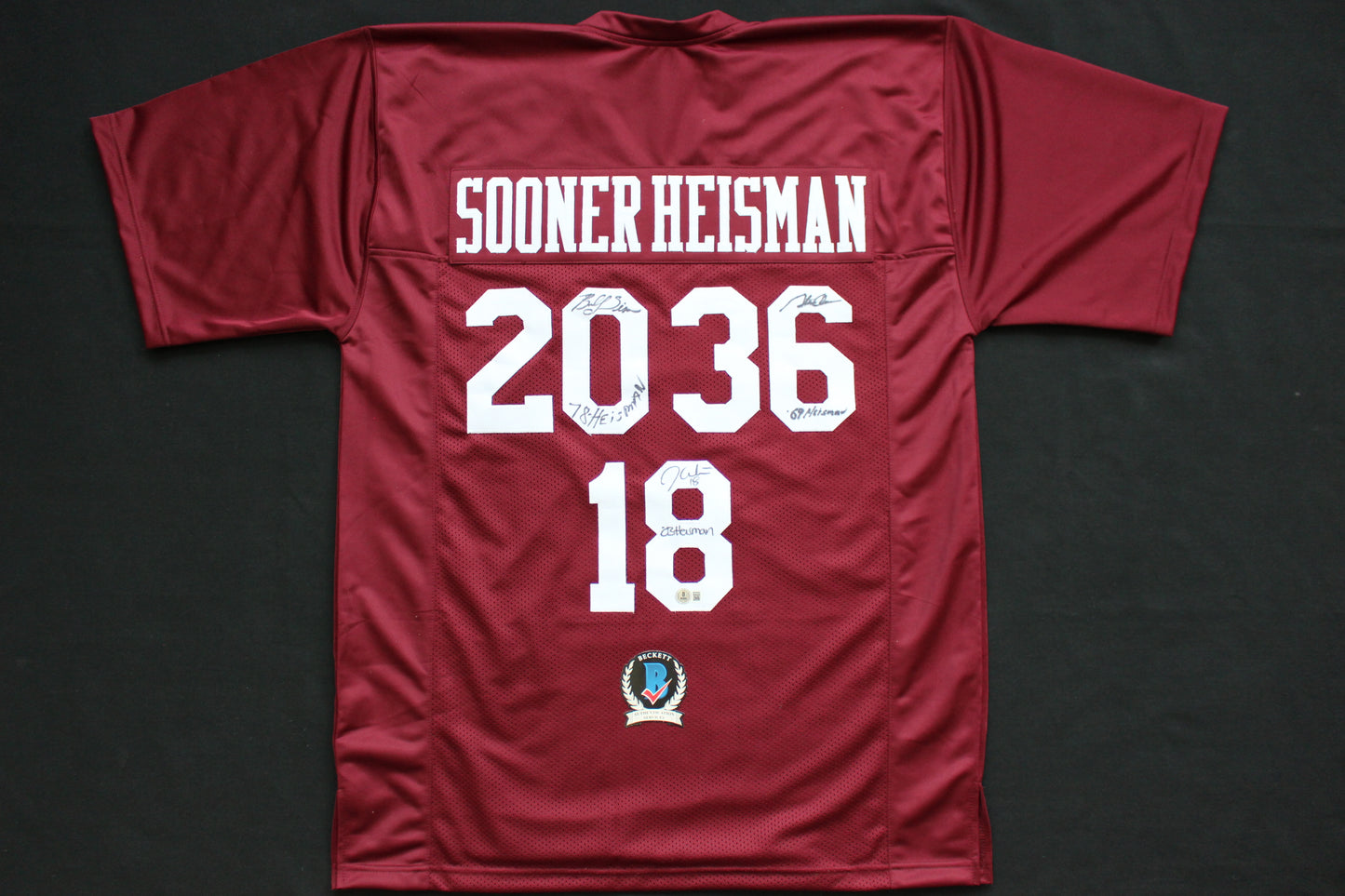 STEVE OWENS BILLY SIMS JASON WHITE SIGNED OU SOONERS HEISMAN JERSEY BAS