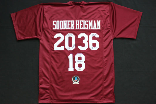 STEVE OWENS BILLY SIMS JASON WHITE SIGNED OU SOONERS HEISMAN JERSEY BAS